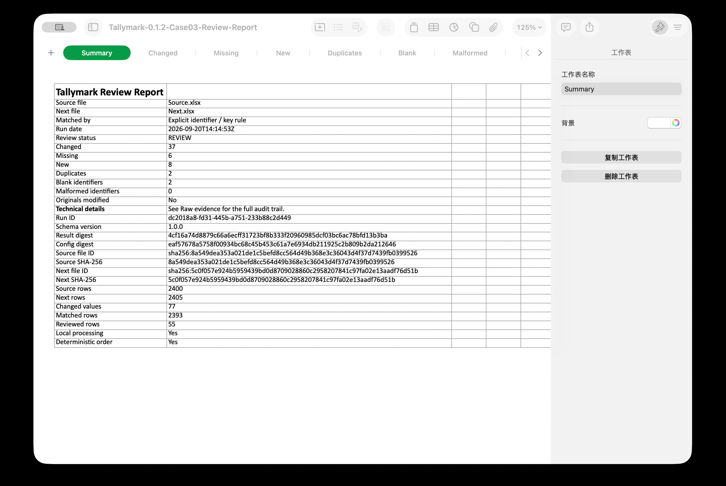Human-readable XLSX Review Report summary