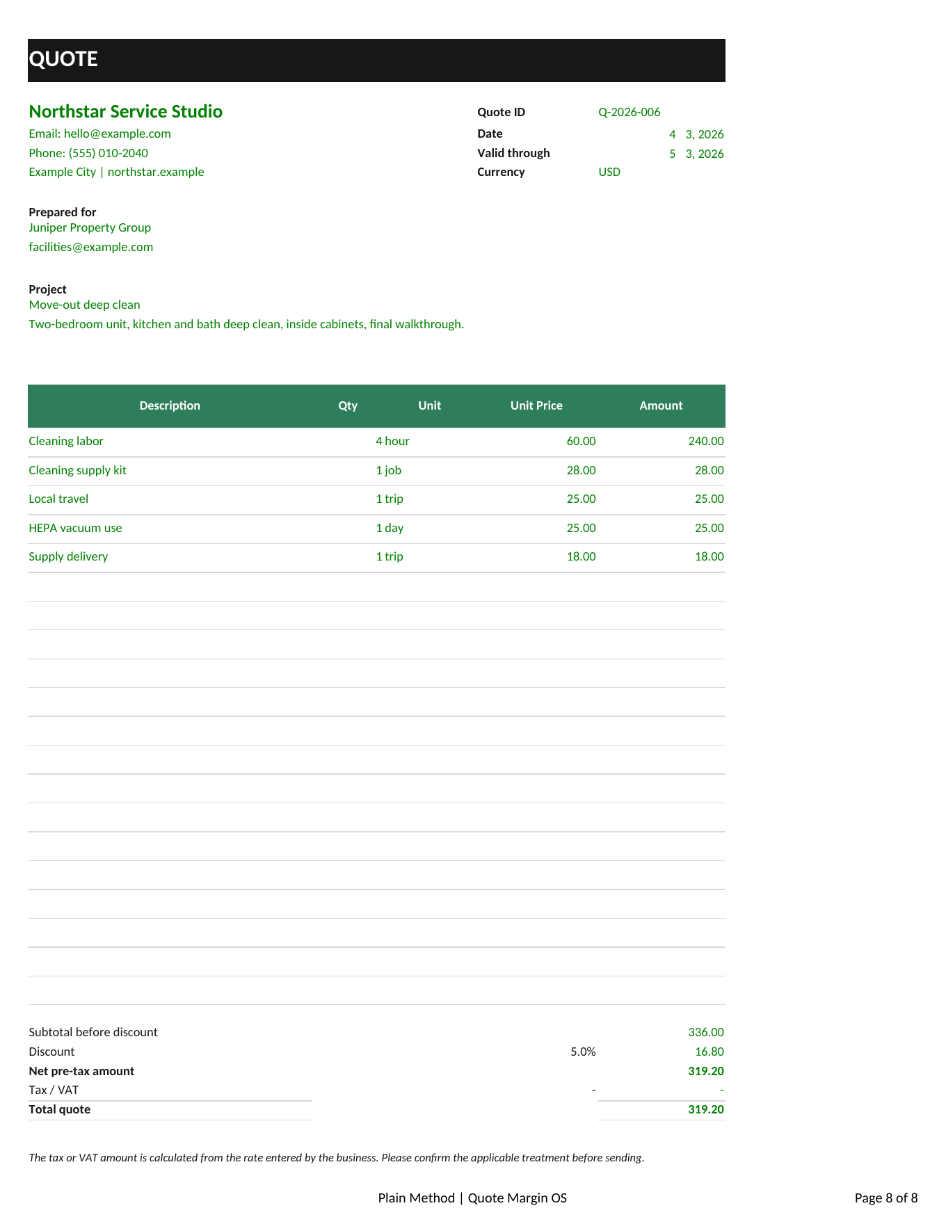 Printable customer quote preview with internal costs omitted