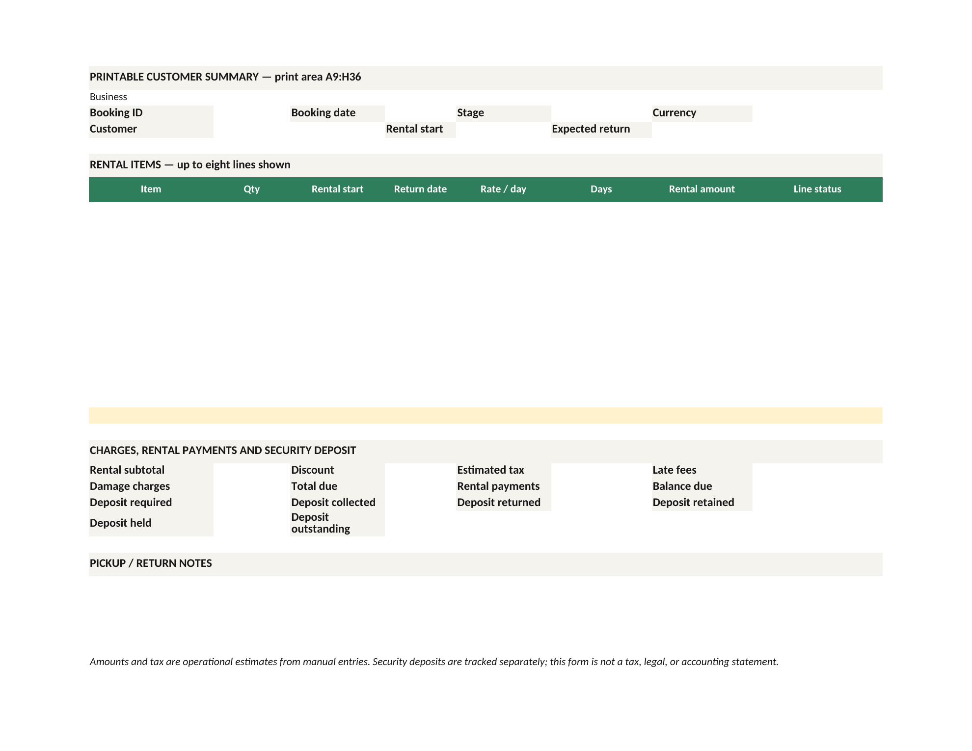 Customer-facing rental booking check and printable summary